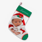 写パーソナライズされた真名グリーントリムクリスマス スモールクリスマスストッキング (正面 (吊り時))