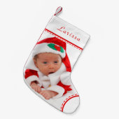 写パーソナライズされた真名ホワイトレッドトリムクリスマス スモールクリスマスストッキング (正面 (吊り時))