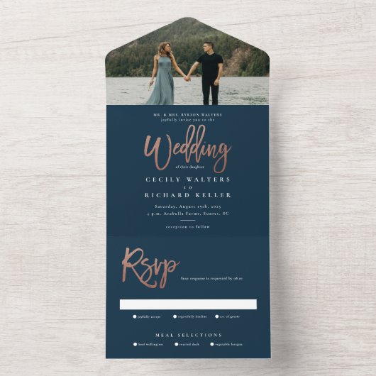 写モダンエレガント真の返信結婚の脚本 オールインワン招待状 (内側)