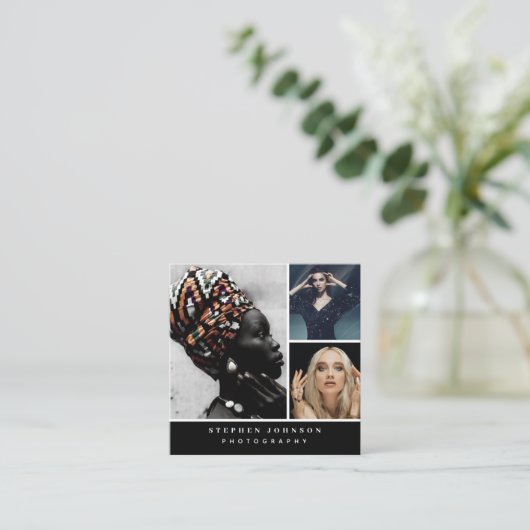 写モダン真3枚QRコードソーシャルメディア スクエア名刺 (スタンド正面)