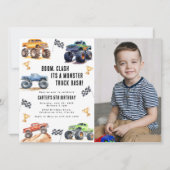 写モダン真 キッズモンスタートラック誕生日パーティー 招待状 (正面)