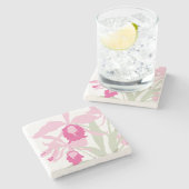 写実的でモダンな花のピンクの緑の蘭 ストーンコースター (横)