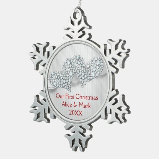 写実的なダイヤモンドのハート|私達の初めてのクリスマス スノーフレークピューターオーナメント (右)