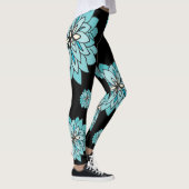 写実的なティール(緑がかった色)の青い花のデザインとの黒いlegging レギンス (右)