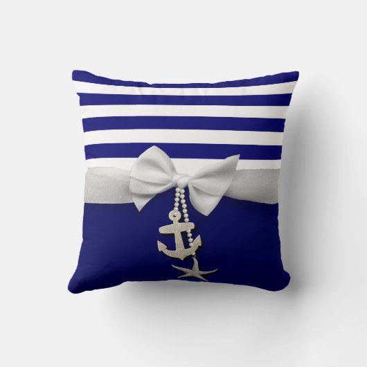 写実的な航海のな青い縞の白いリボン及び魅力 クッション (裏面)