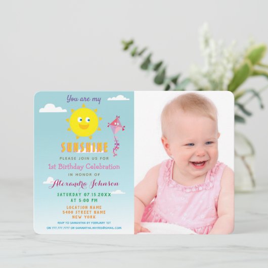 写真あなたは私のサンシャイン、女の子の最初の誕生日 招待状 (スタンド正面)