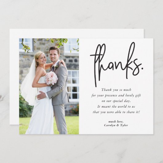 写真ありがとうモダン黒い手書きカジュアル サンキューカード (正面/裏面)