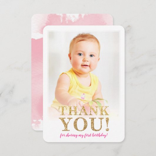 写真ありがとう可愛い金ゴールドグリッターピンクの水色 サンキューカード (正面/裏面)