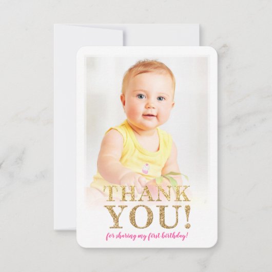 写真ありがとう可愛い金ゴールドグリッターピンクの水色 サンキューカード (正面)