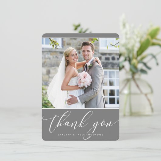写真ありがとう結婚の書かわいらし跡グレー サンキューカード (スタンド正面)