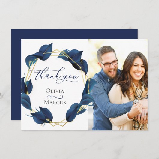 写真ありがとう モダン ディープインディゴブルー ゴールド サンキューカード (正面/裏面)