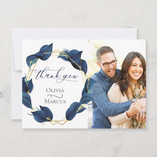 写真ありがとう モダン ディープインディゴブルー ゴールド サンキューカード (正面)