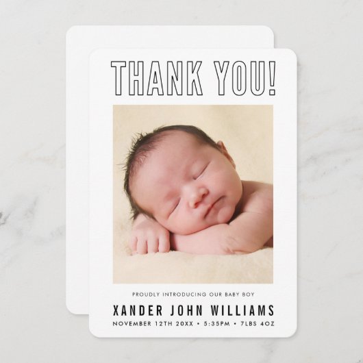 写真ありがとう モダン ニューベイビー ミニマル アウトライン サンキューカード (正面/裏面)