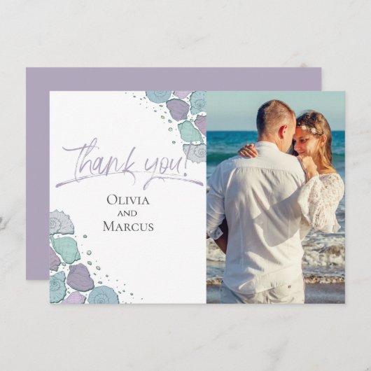 写真ありがとう | Seashells埃っぽいブルー薄紫 サンキューカード (正面/裏面)