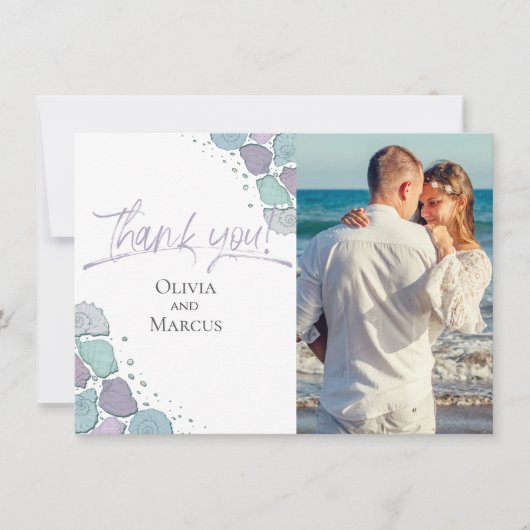 写真ありがとう | Seashells埃っぽいブルー薄紫 サンキューカード (正面)