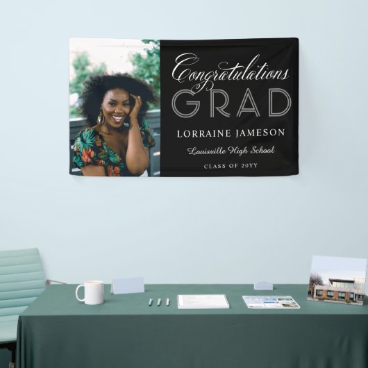 写真おめでとうございます書道の卒業 横断幕 (トレードショー)