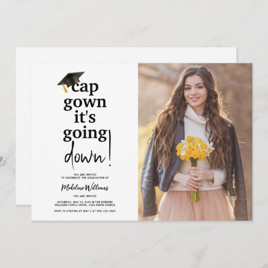 写真おもしろいキャップガウン卒業式に行く 招待状 (正面/裏面)