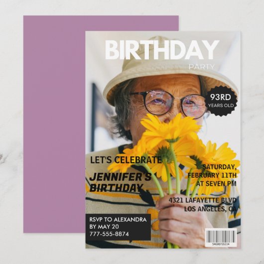 写真おもしろいスタイリッシュ誌93歳の誕生日 招待状 (正面/裏面)