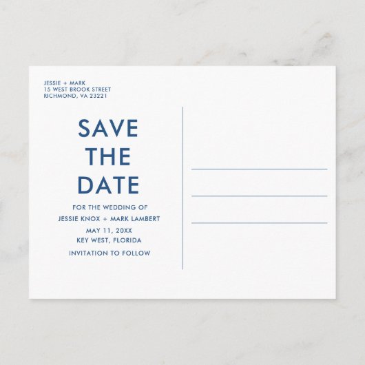 写真おもしろいビーチ結婚式鍵西の日付を保存 案内ポストカード (裏面)