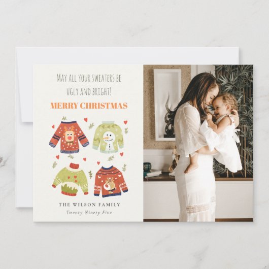 写真おもしろい冬クリスマスハート醜いセーター シーズンカード (正面)