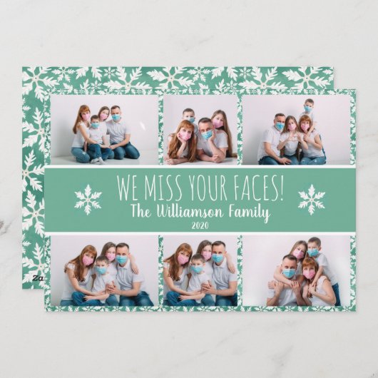写真おもしろい恋しく思顔緑のスノーフレークCovid シーズンカード (正面/裏面)