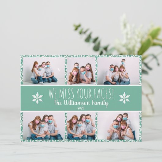 写真おもしろい恋しく思顔緑のスノーフレークCovid シーズンカード (スタンド正面)