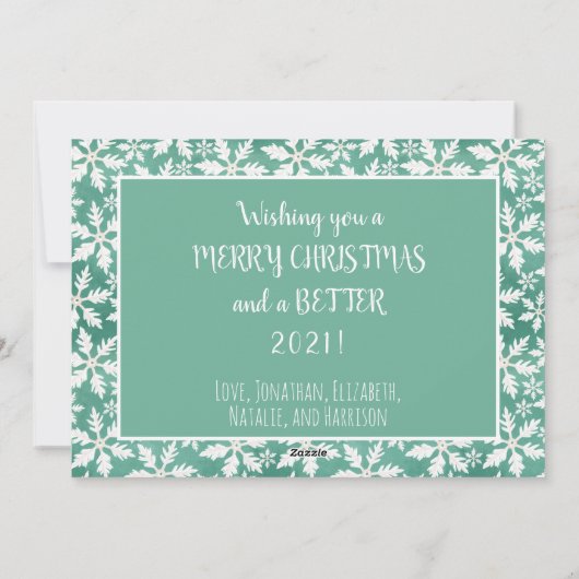 写真おもしろい恋しく思顔緑のスノーフレークCovid シーズンカード (裏面)