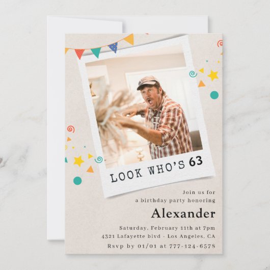 写真おもしろい63歳の誕生日招待状メンズ 招待状 (正面)