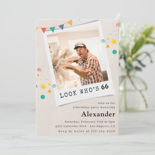 写真おもしろい66th誕生日招待状メンズ 招待状 (スタンド正面)