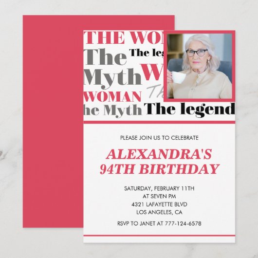 写真おもしろい94歳の誕生日の招待コンテンポラリー 招待状 (正面/裏面)