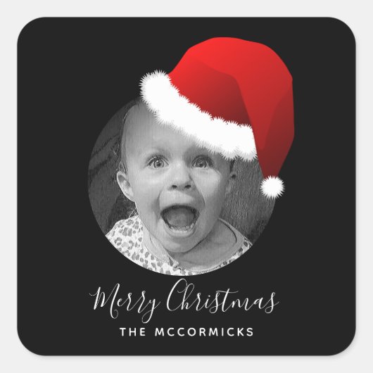 写真おもしろいChristmas Santa Hat Family name スクエアシール (正面)