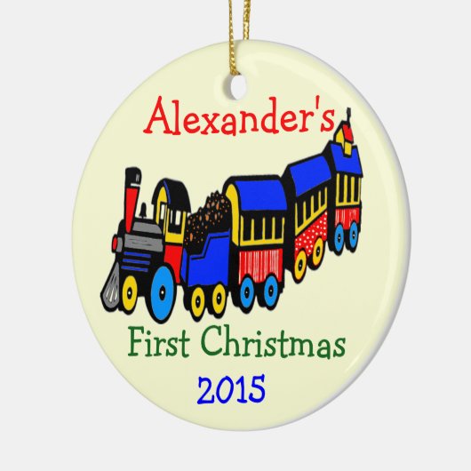 写真およびおもちゃの列車の初めてのクリスマスはそれを個人化します セラミックオーナメント (左)