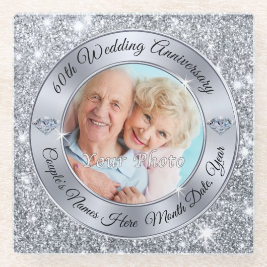 写真およびパーソナライズな第60記念日のコースター ガラスコースター (正面)