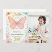 写真お洒落付き蝶誕生日招待状 招待状 (正面/裏面)