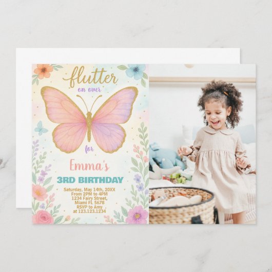 写真お洒落付き蝶誕生日招待状 招待状 (正面/裏面)