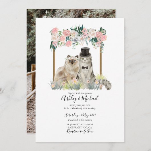 写真お洒落水彩猫ピンク白フローラ 招待状 (正面/裏面)
