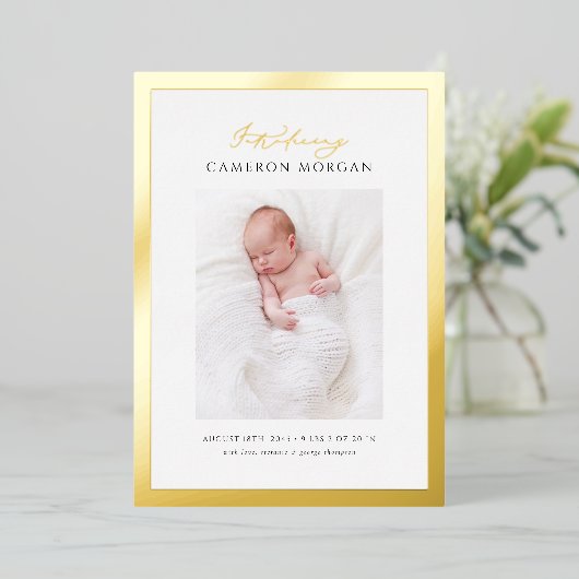 写真お洒落金箔の誕生発表 箔招待状 (立ち正面)