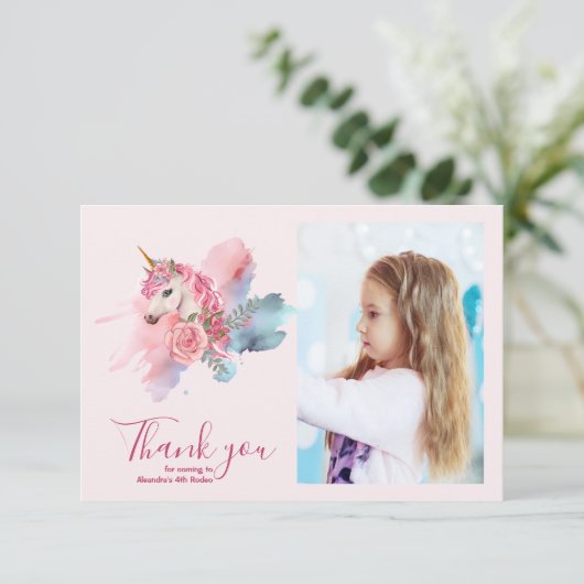 写真かわいいユニコーン虹の誕生日パーティー サンキューカード (スタンド正面)