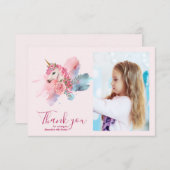 写真かわいいユニコーン虹の誕生日パーティー サンキューカード (正面/裏面)