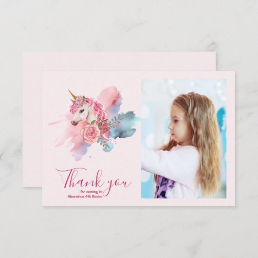 写真かわいいユニコーン虹の誕生日パーティー サンキューカード (正面/裏面)