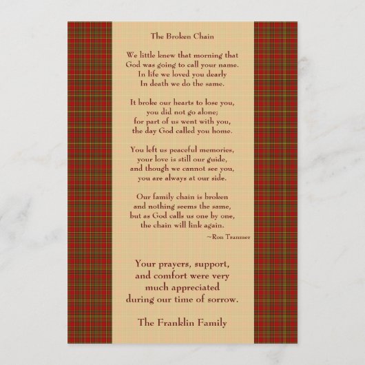 写真が付いている赤い格子縞のフランネルの記念カード プログラム (裏面)