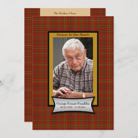 写真が付いている赤い格子縞のフランネルの記念カード プログラム (正面/裏面)