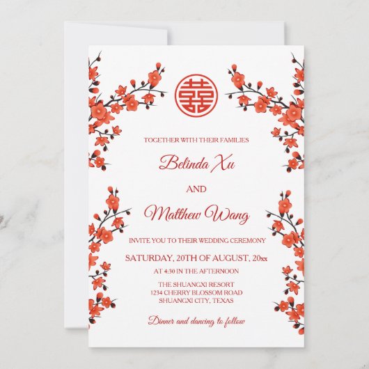 写真さくらんぼ中国の結婚の花 招待状 (裏面)