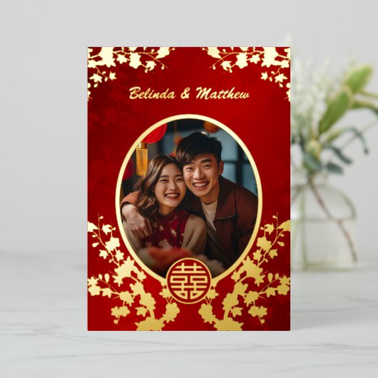 写真さくらんぼ中国の結婚の花 箔招待状 (立ち正面)