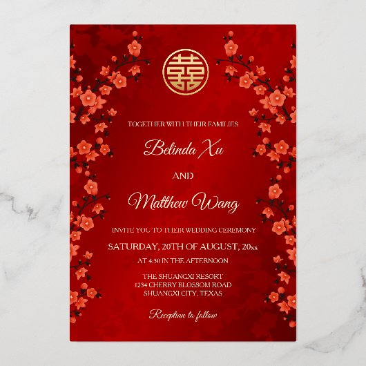 写真さくらんぼ中国の結婚の花 箔招待状 (裏面)