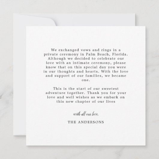 写真たった今結婚しました結婚の発表感謝 ノートカード (裏面)