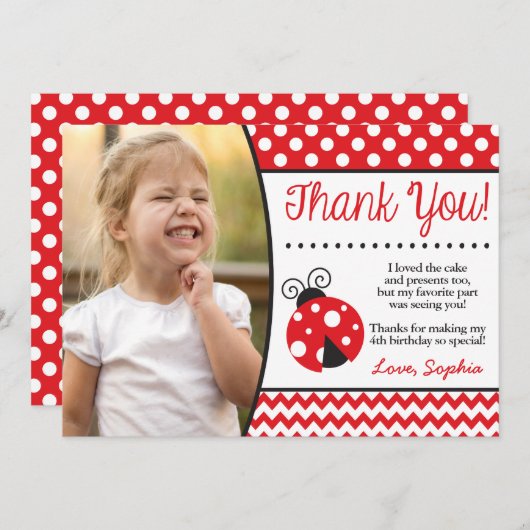 写真とのてんとう虫の誕生日のサンキューカード サンキューカード (正面/裏面)