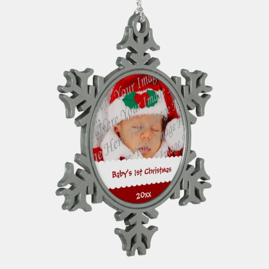 写真とのパーソナライズなベビーの第1クリスマス スノーフレークピューターオーナメント (左)