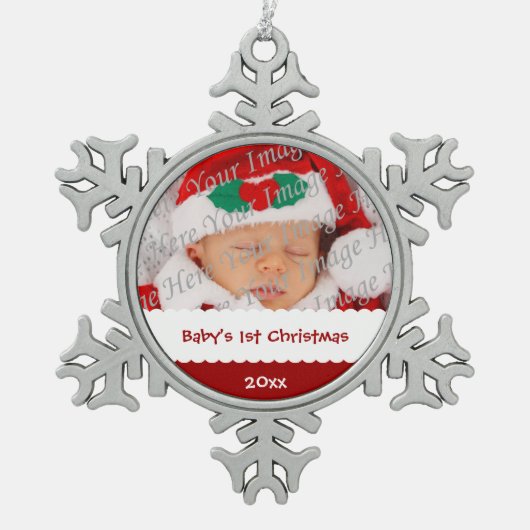 写真とのパーソナライズなベビーの第1クリスマス スノーフレークピューターオーナメント (正面)