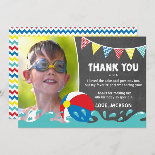 写真とのプールを囲んでのパーティの誕生日のサンキューカード サンキューカード (正面/裏面)